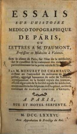 Essais sur l'histoire medico-topographique de Paris