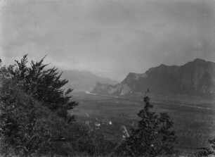 Rheintal : Blick vom Guschakopf auf das Rheintal, im Vordergrund Vegetation. Im Tal gelegen ist eine Siedlung.