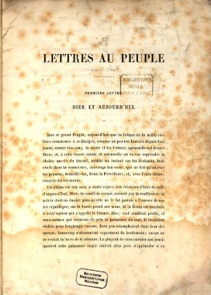 Lettres au peuple : Première lettre. Hier et aujourdhui. (8 pag.)