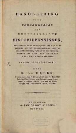Handleiding voor verzamelaars van Nederlandsche historiepenningen, 2
