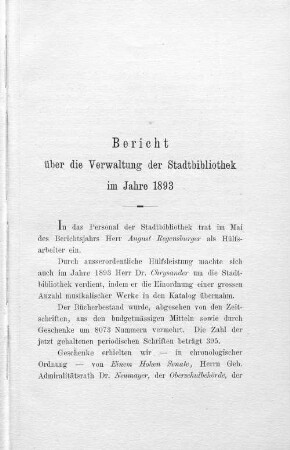 Bericht über die Verwaltung der Stadtbibliothek im Jahre 1893