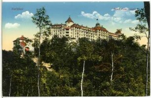 Karlsbad. Drahtseilbahn und Hotel Imperial : Karlsbad. Hotel Imperial (1910-1912; Ernest Hébrard). Ansicht mit Trasse und Bergstation der Drahtseilbahn in Betrieb (Standseilbahn Slovenská–Imperial; 1910-1912, 1959 stillgelegt)