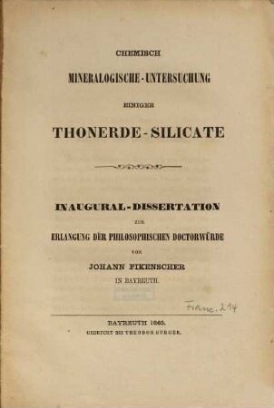 Chemisch-mineralogische Untersuchung einiger Thonerde-Silicate