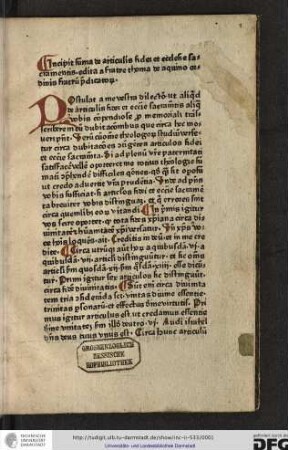 Incipit summa de articulis fidei et ecclesie sacramentis, edita a fratre Thoma de Aquino, ordinis fratrum Predicatorum.