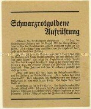 Flugschrift der KPD gegen das Reichsbanner Schwarz-Rot-Gold und Aufruf zur Teilnahme am Volksbegehren gegen den Panzerkreuzerbau 1928