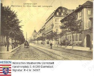 Darmstadt, Rheinstraße mit Hotel Hess und Ludwigssäule