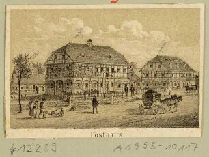 Das Umgebinde-Fachwerkhaus mit der Post und andere Häuser in Ebersbach in der Oberlausitz, Ausschnitt aus einem Bilderbogen