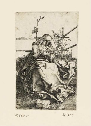 Maria auf der Rasenbank, das Kind stillend
