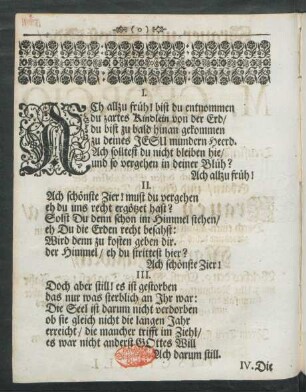 Ach allzu früh! bist du entnommen du zartes Kindlein von der Erd/ ...