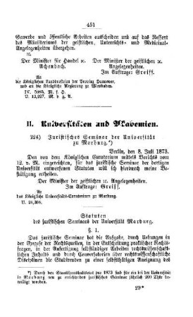 Juristisches Seminar der Universität zu Marburg : [II. Universitäten und Akademien]