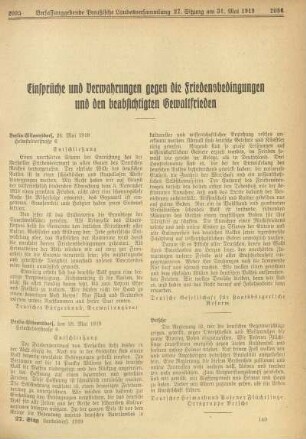 Einsprüche und Verwahrungen gegen die Friedensbedingungen und den beabsichtigen Gewaltfrieden