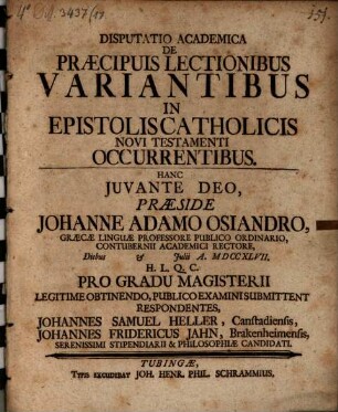 Disputatio Academica De Praecipuis Lectionibus Variantibus In Epistolis Catholicis Novi Testamenti Occurrentibus