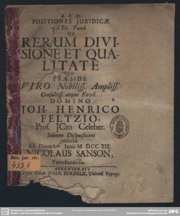 Positiones Iuridicae ad Tit. Pand. De Rerum Divisione Et Qualitate