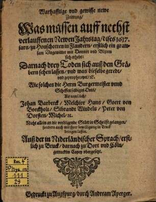 Warhaffte newe Zeitung was massen ... 1617 ... zu Honschotten in Flandern ... ein grawsam Ungewitter ... sich erhebt