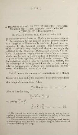 A Demonstration of the expression for the number of homogeneous products of n things of y dimensions.