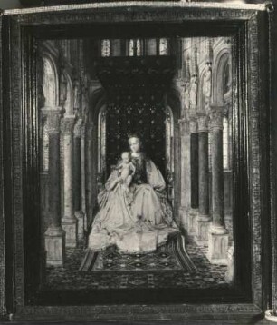Eyck, Jan van. Flügelaltar, Mittelbild. Maria mit dem Kind, in einer Kirche thronend. Eichenholz; 27,5 x 21,5 cm. Infrarot-Aufnahme für Restaurierungszwecke. Dresden: Staatliche Kunstsammlungen, Gemäldegalerie Alte Meister Kat. 1930 Nr. 799