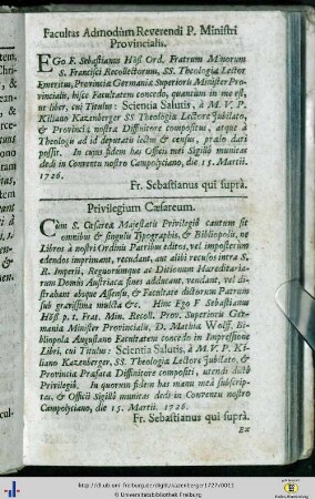 Facultas admodum Reverendi P. Ministri Provincialis