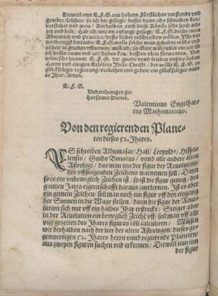Von den regierenden Planeten dieses 52. Jhares.