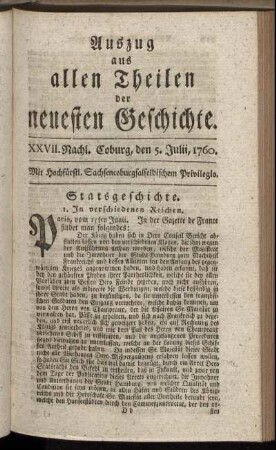 XXVII. Nachl. Coburg, den 5. Julii. 1760.