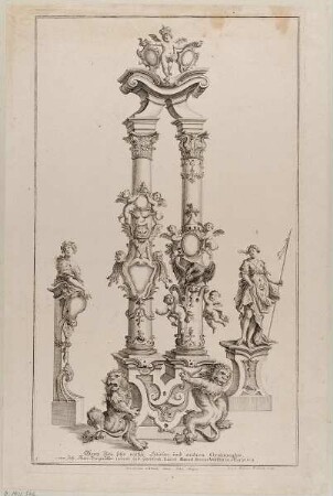 Zwei Säulen mit zahlreichen Ornamenten, Titelblatt der Folge "Gantz Neu sehr nützl. Säulen und andern Ornamenten"