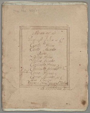 3 Sacred songs, V (3), orch, org - BSB Mus.ms. 7508 : [dust cover title:] Nro 44. 45. 46. // Weyhnachts Lieder in C // à // Canto Primo // Canto secundo // Basso // Violino Primo // Violino secundo // Clarinetto Primo // [brace:] in C // Clarinetto secundo // Corno Primo // [brace:] in C // Corno secundo // Due Clarini // Tympani con Organo et Violone // Ad me Petrum Huber [left side:] Lechleitner