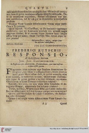 Frederici Ruyschii responsio, ad studiosissimum Dominum Joh. Jac. Campdomercum […]