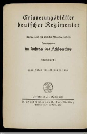 Das Infanterie-Regiment Nr. 184 : nach den amtlichen Kriegstagebüchern