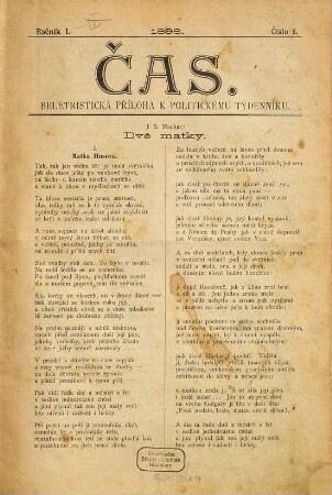 Čas. Beletristická přiloha k politickému týdenníku : list věnovaný veřrejným otázkám. 1. 1896