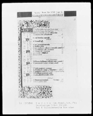 Breviarium Petri Mileti — Kalenderseite November, Folio 6recto