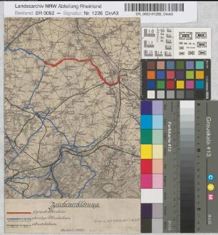 Strecke: Kirchberg-Puffendorf (über Bourheim, Koslar, Merzenhausen) [Übersichtskarte des Kreises Jülich Einzeichnung der geplanten und sonstigen Kleinbahnen, der geplanten und fertiggestellten Staatsbahnen]