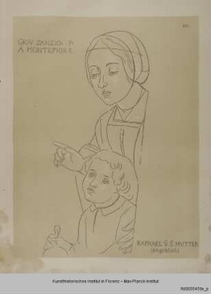 Mutter mit Granatapfel haltendem Kind (angeblich nach einer Tafel von Giovanni Santi in der Hospitalkirche in Montefiore bei Urbino und den jungen Raffael zeigend)