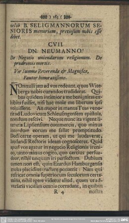 CVII. DN. NEUMANNO. De Negotio uniendarum religionum. De prodromis mortis