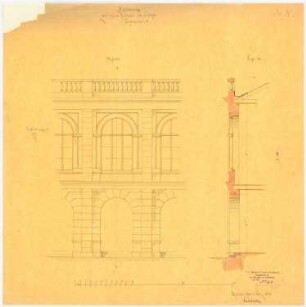Schloss Tworkau Umbau: Aufriss eines Fassadenausschnittes (Hofansicht), Kämpferprofil, 1 Fassadenschnitt, Maßstabsleiste
