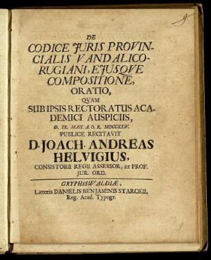 De Codice Iuris Provincialis Vandalico-Rugiani, Eiusqve Compositione, Oratio