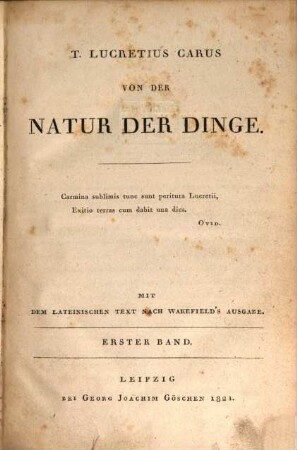 Von der Natur der Dinge : mit dem lateinischen Text nach Wakefield's Ausgabe, 1