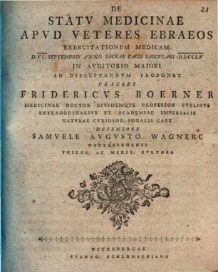 De statu medicinae apud veteres Ebraeos exercitationem medicam