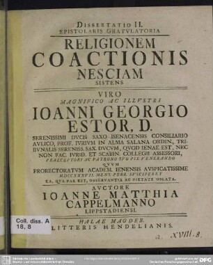 Dissertatio II. Epistolaris Gratulatoria Religionem Coactionis Nesciam Sistens
