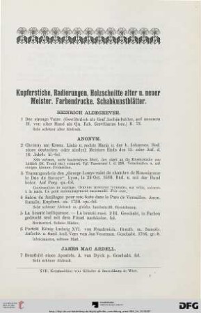 Kupferstiche, Radierungen, Holzschnitte alter u. neuer Meister. Farbendrucke. Schabkunstblätter (Nr. 1-596)