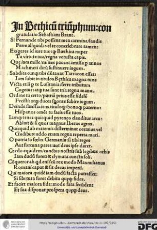 In Bethicum triumphum congratulatio Sebastiani Brant.