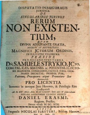 Disputatio Inauguralis Juridica De Singularibus Juribus Rerum Non Existentium