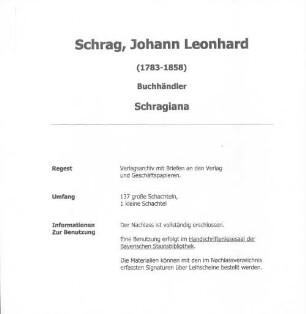 Nachlass von Johann Leonhard Schrag (1783 - 1858) - BSB Schragiana. 0, Repertorium des Nachlasses von Johann Leonhard Schrag (1783 - 1858) - BSB Schragiana 0