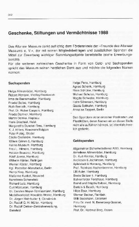 Geschenke, Stiftungen und Vermächtnisse 1988