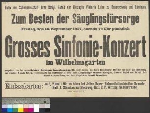 Ankündigung eines Sinfonie-Konzert am 14. September 1917 in Braunschweig zur Förderung der Säuglingsfürsorge