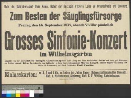 Ankündigung eines Sinfonie-Konzert am 14. September 1917                                     in Braunschweig zur Förderung der Säuglingsfürsorge