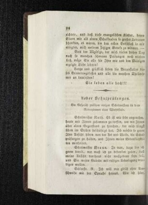 Ueber Schulprüfungen : ein Gespräch zwischen einigen Schulmeistern in dem Nebenzimmer einer Wirthsstube ; [Mannigfaltiges]
