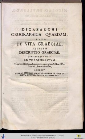 Dicaearchi geographica quaedam, sive de Vitae Graeciae.
