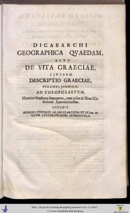 Dicaearchi geographica quaedam, sive de Vitae Graeciae.