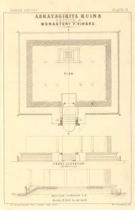 Plate VI. Abhayagiriya ruins. Section II. Monastery "F": Viháre. Plan. Front elevation (C. removed). Section through A. B.
