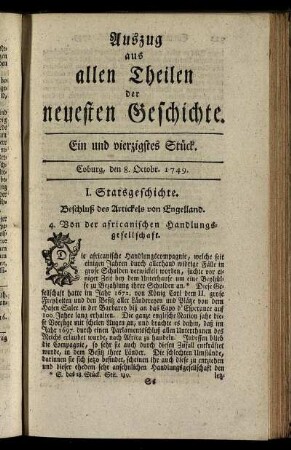 Ein und vierzigstes Stück. Coburg, den 8. Oktobr. 1749.
