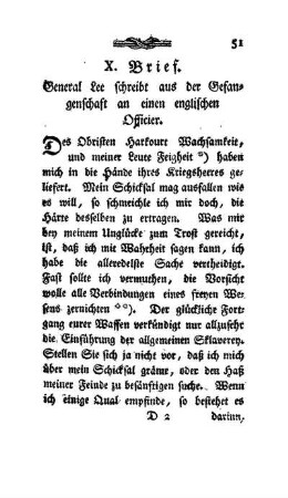 X. Brief - General Lee schreibt aus der Gefangenschaft an einen engl. Officier